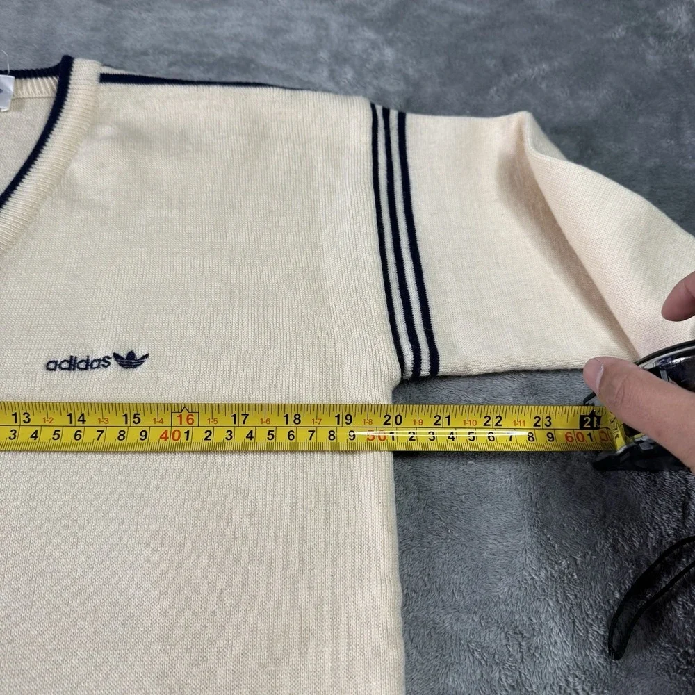 VTG 80s Adidas Wool Striped Accent V Neck Sweater Size XL Ivory Preppy Sports